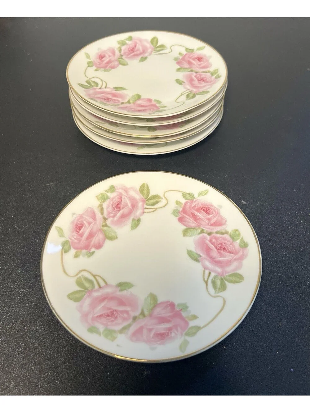 c 1900s 6 Bread Butter Plated Pink Roses Porcelain, 5”